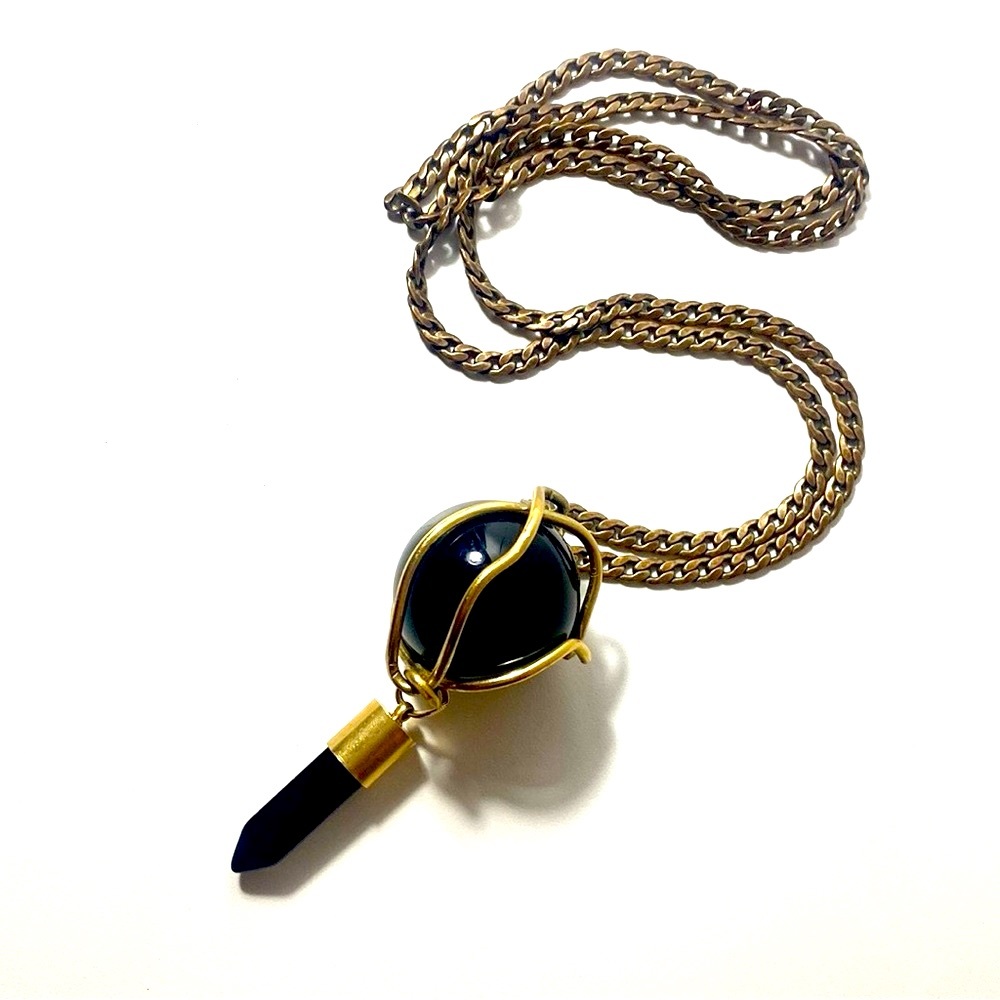 Black Obsidian Minimalist Crystal Orb Wire Wrap Pendant Necklace Brass Chain